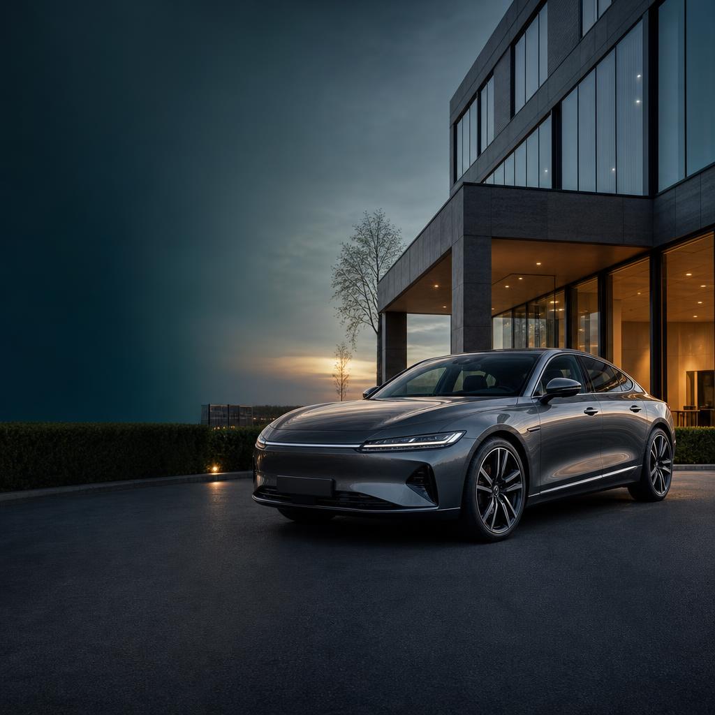 Illustration of a silver executive car outside a modern office at dusk